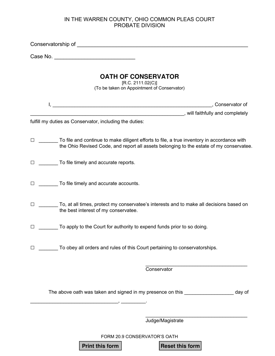 Form 20.9 Oath of Conservator - Warren County, Ohio, Page 1