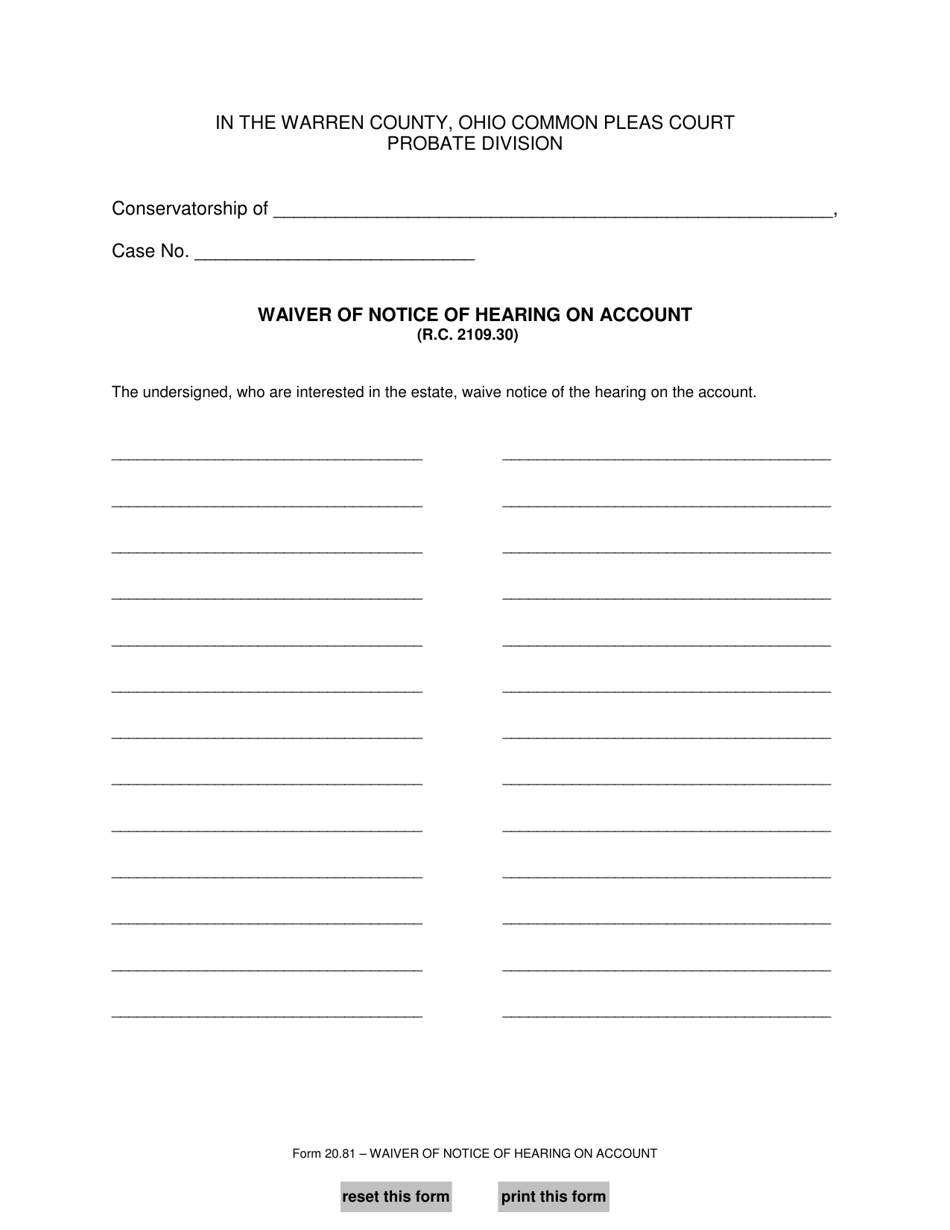 Form 20.81 Waiver of Notice of Hearing on Account - Warren County, Ohio, Page 1