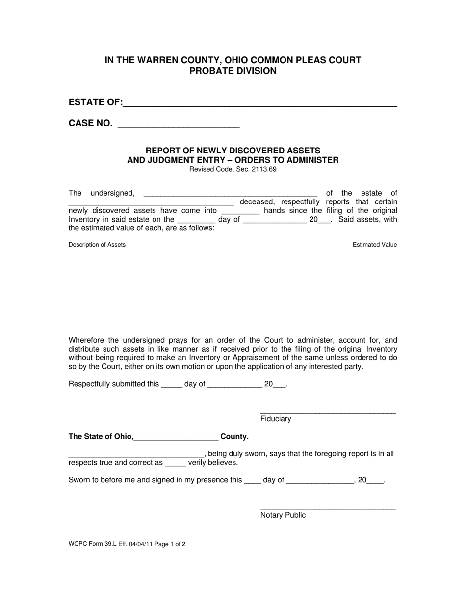 WCPC Form 39 Report of Newly Discovered Assets and Judgment Entry - Orders to Administer - Warren County, Ohio, Page 1