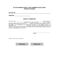 WCPC Form 39 Report of Newly Discovered Assets and Judgment Entry - Orders to Administer - Warren County, Ohio, Page 2