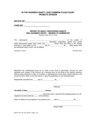 Document preview: WCPC Form 39 Report of Newly Discovered Assets and Judgment Entry - Orders to Administer - Warren County, Ohio