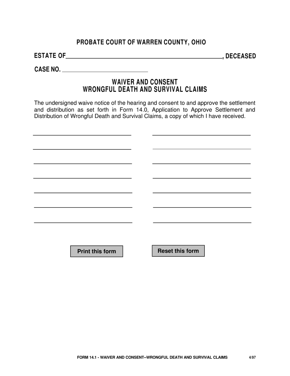 Form 14.1 Waiver and Consent - Wrongful Death and Survival Claims - Warren County, Ohio, Page 1