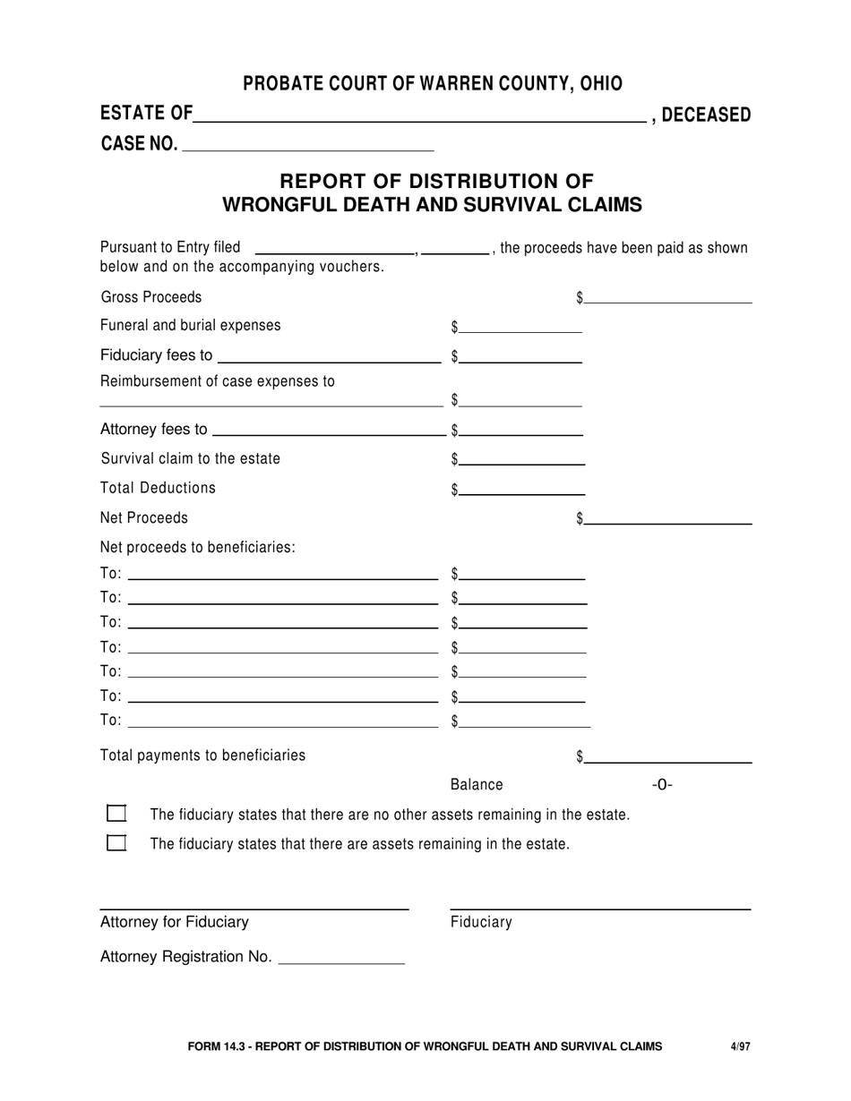 Form 14.3 Report of Distribution of Wrongful Death and Survival Claims - Warren County, Ohio, Page 1