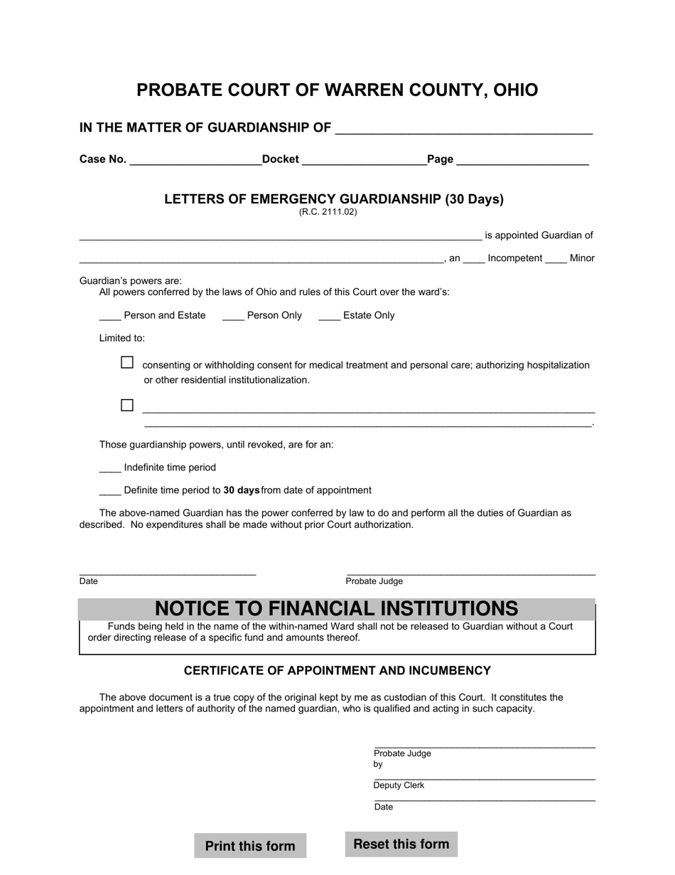 Warren County, Ohio Letters of Emergency Guardianship (30 Days) - Fill ...