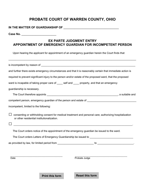 Ex Parte Judgment Entry Appointment of Emergency Guardian for Incompetent Person - Warren County, Ohio Download Pdf