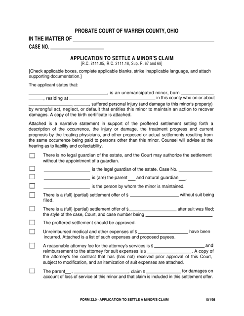 Form 22.0 Application to Settle a Minor's Claim - Warren County, Ohio