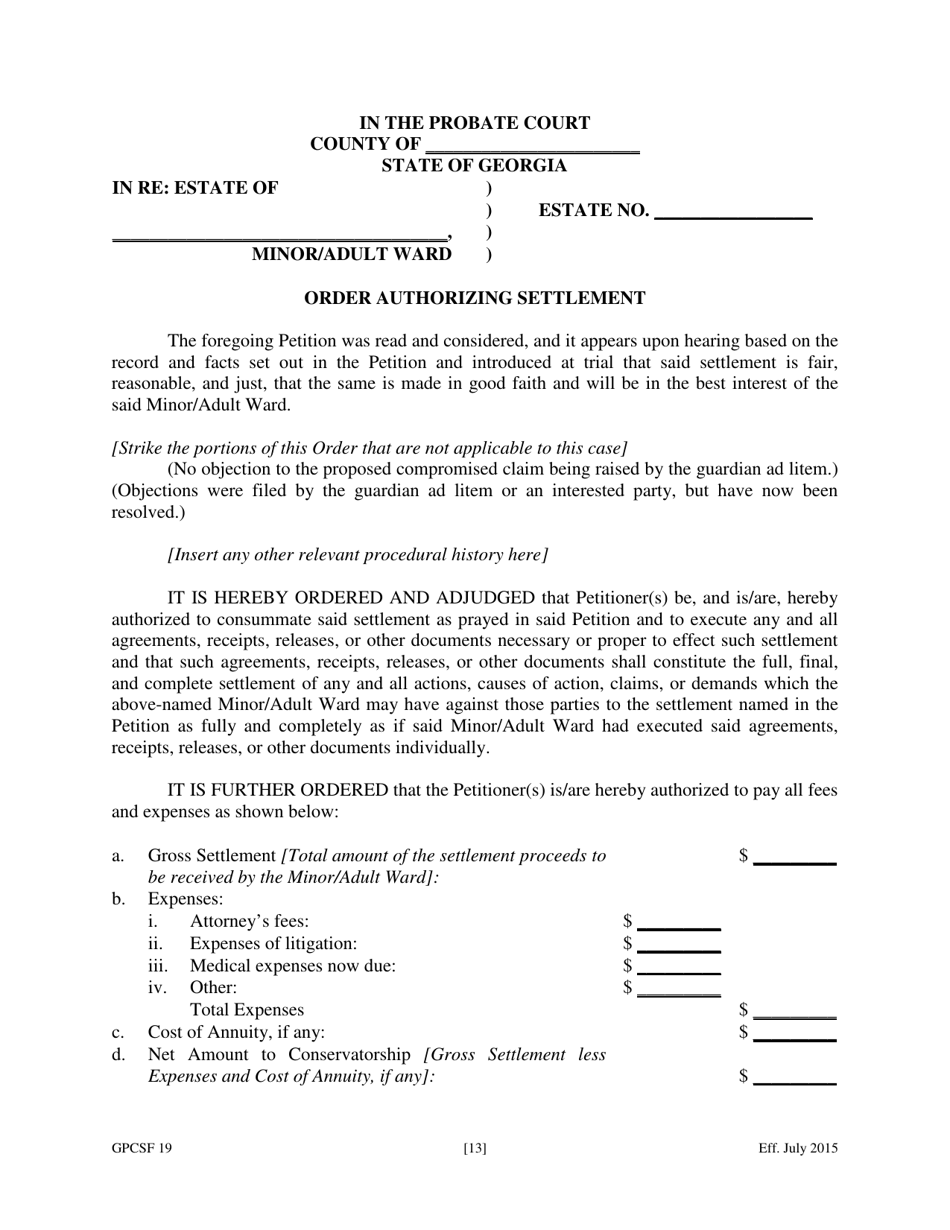 Form GPCSF19 Petition to Compromise Doubtful Claim of Minor or Adult Ward - Georgia (United States), Page 15
