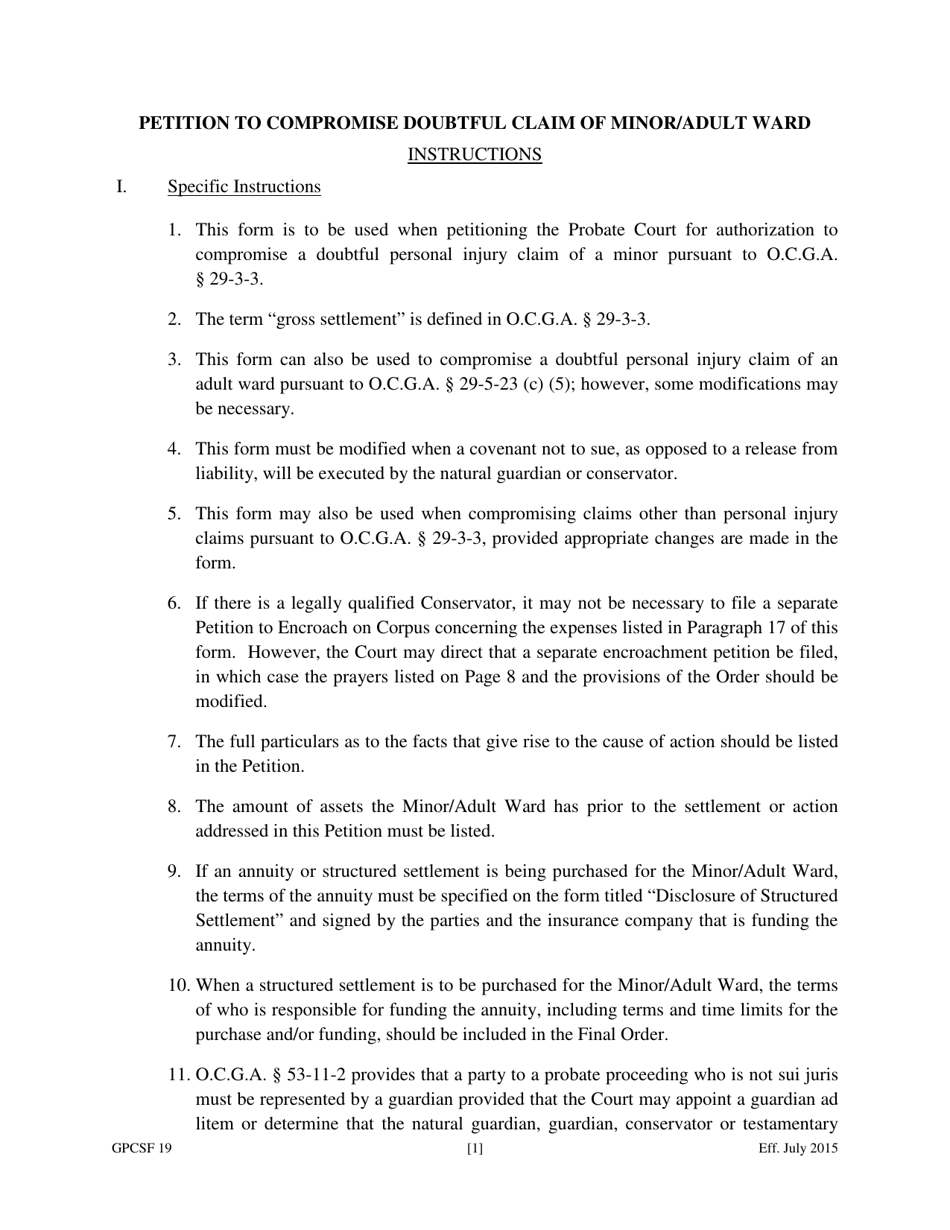 Form GPCSF19 Petition to Compromise Doubtful Claim of Minor or Adult Ward - Georgia (United States), Page 1