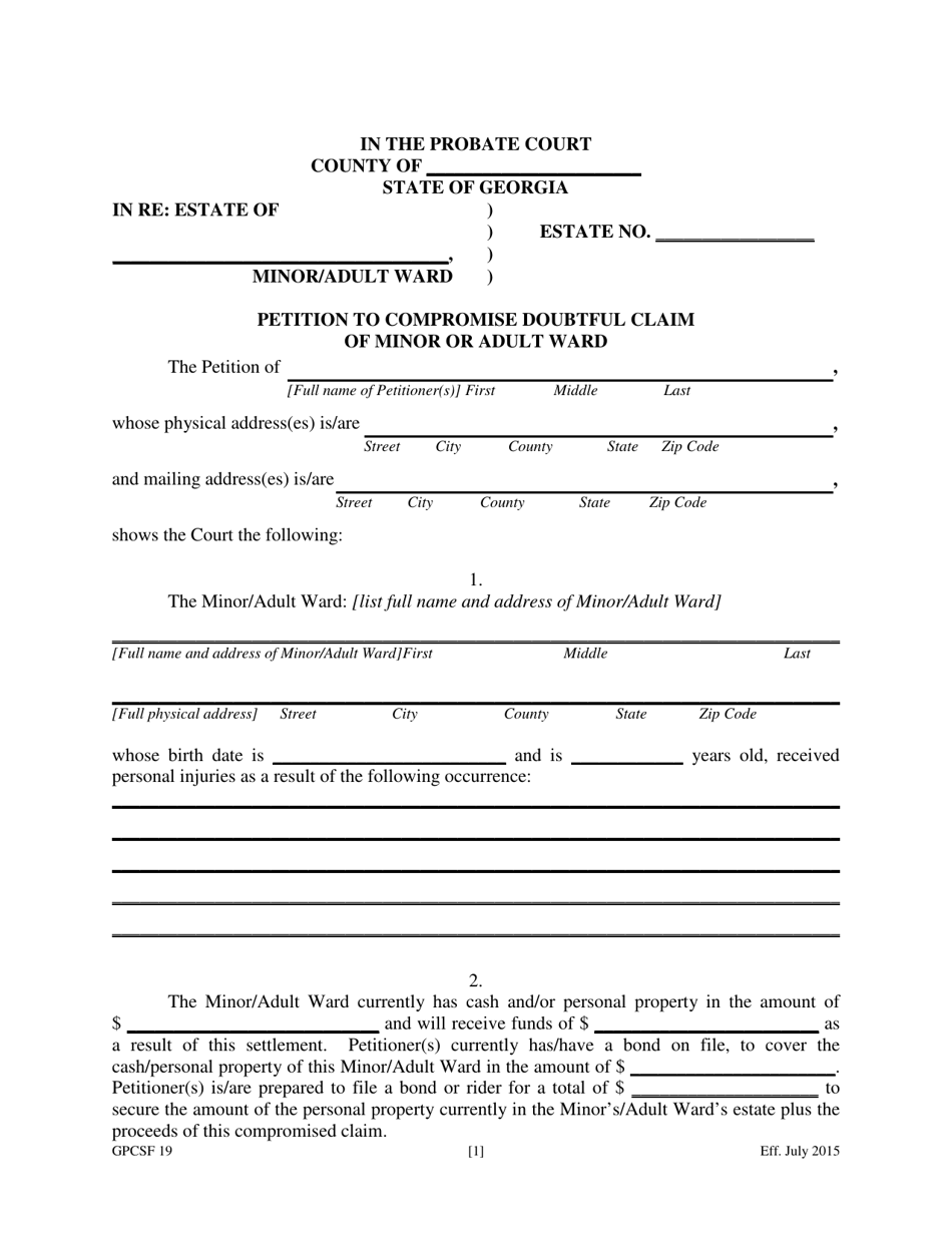 Form GPCSF19 Petition to Compromise Doubtful Claim of Minor or Adult Ward - Georgia (United States), Page 3