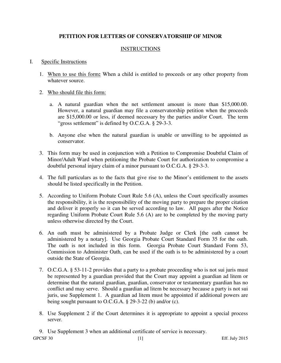 Form GPCSF30 Petition for Letters of Conservatorship of Minor - Georgia (United States), Page 1