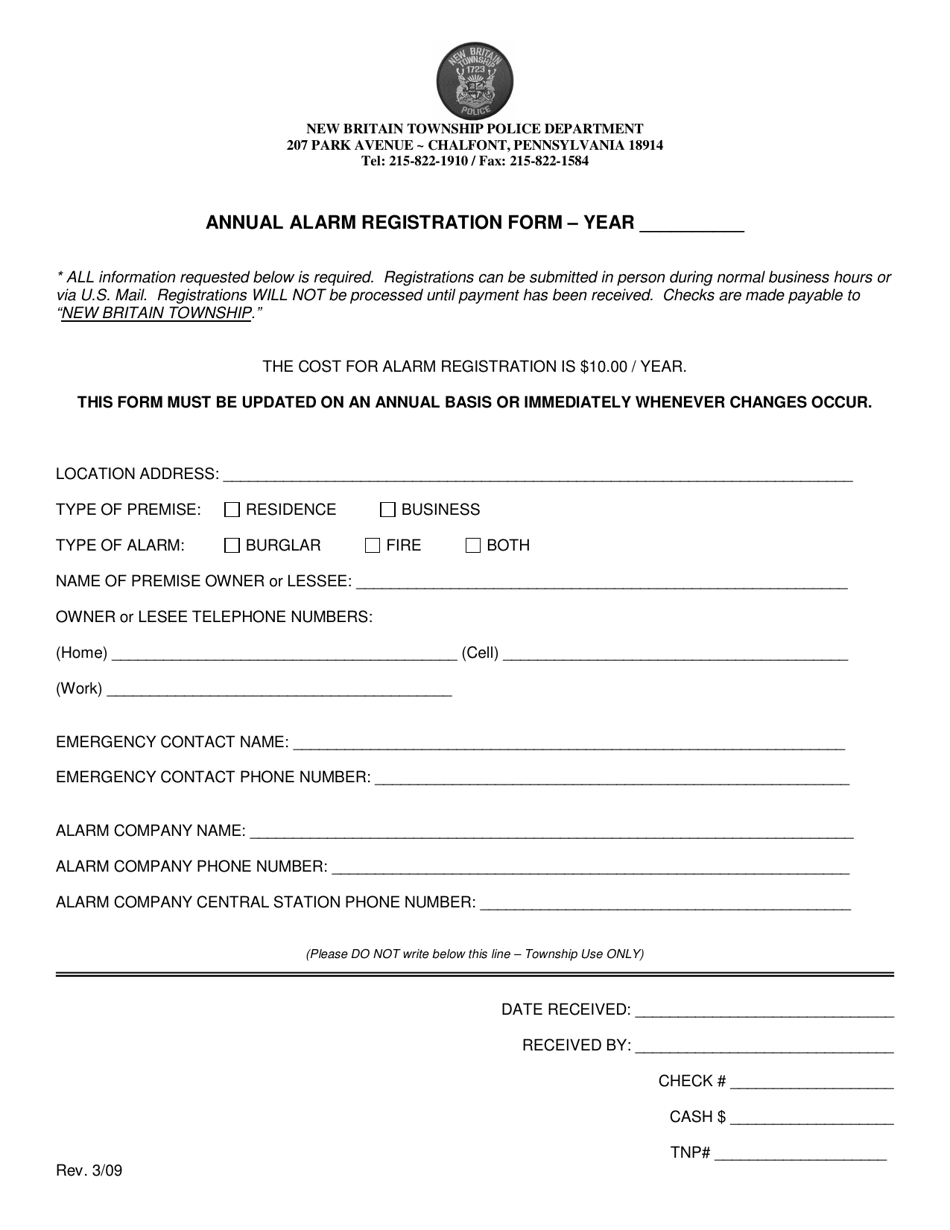 Annual Alarm Registration Form - New Britain Township, Pennsylvania, Page 1
