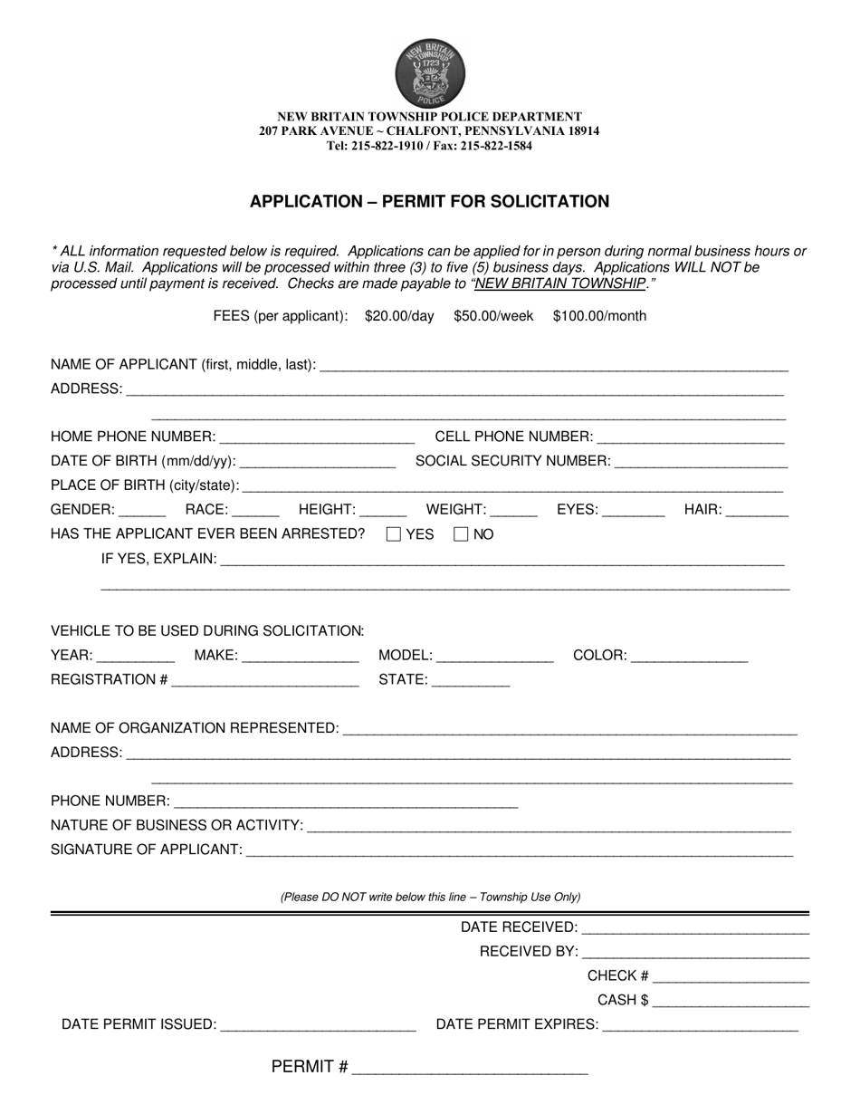 New Britain Township Pennsylvania Application Permit For Solicitation Fill Out Sign Online 6815