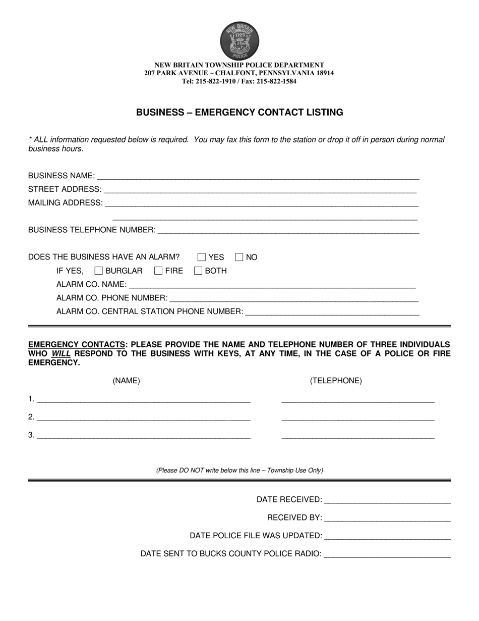 Business - Emergency Contact Listing - New Britain Township, Pennsylvania, Page 1