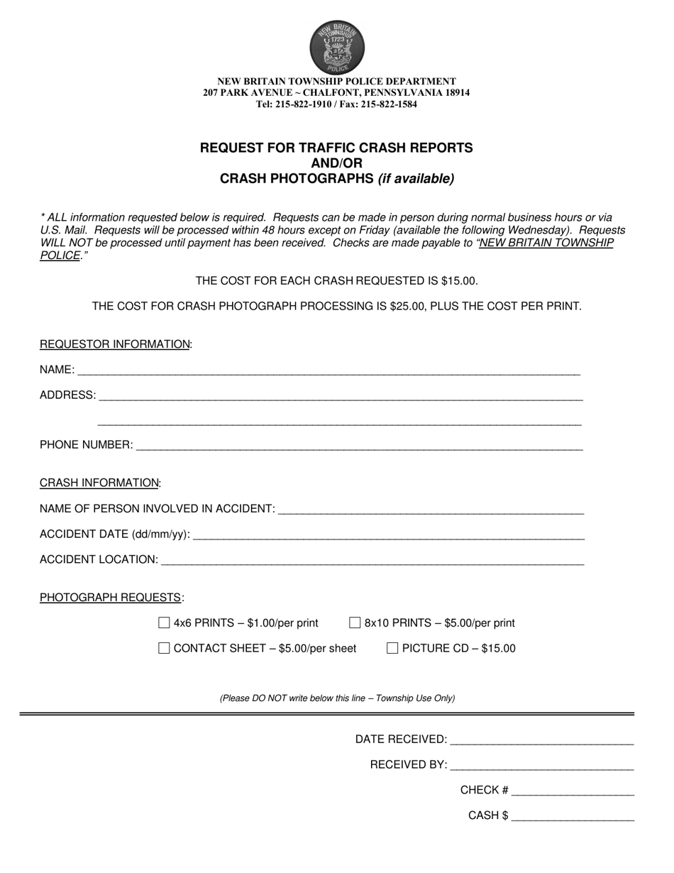 Request for Traffic Crash Reports and / or Crash Photographs (If Available) - New Britain Township, Pennsylvania, Page 1