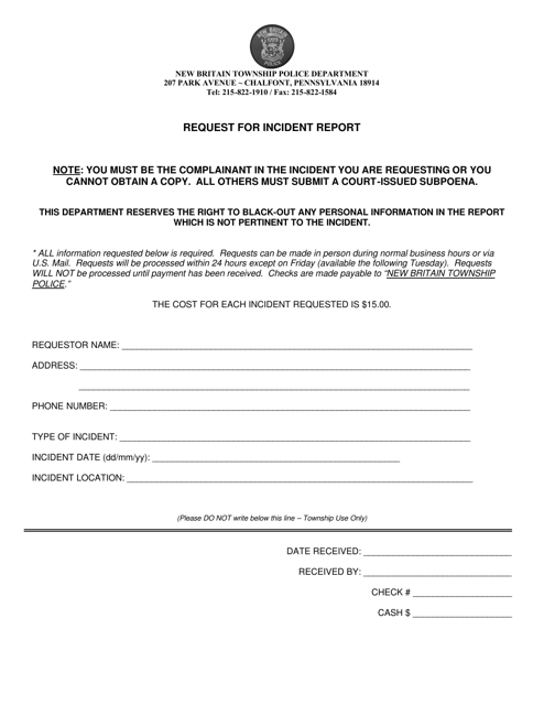Request for Incident Report - New Britain Township, Pennsylvania
