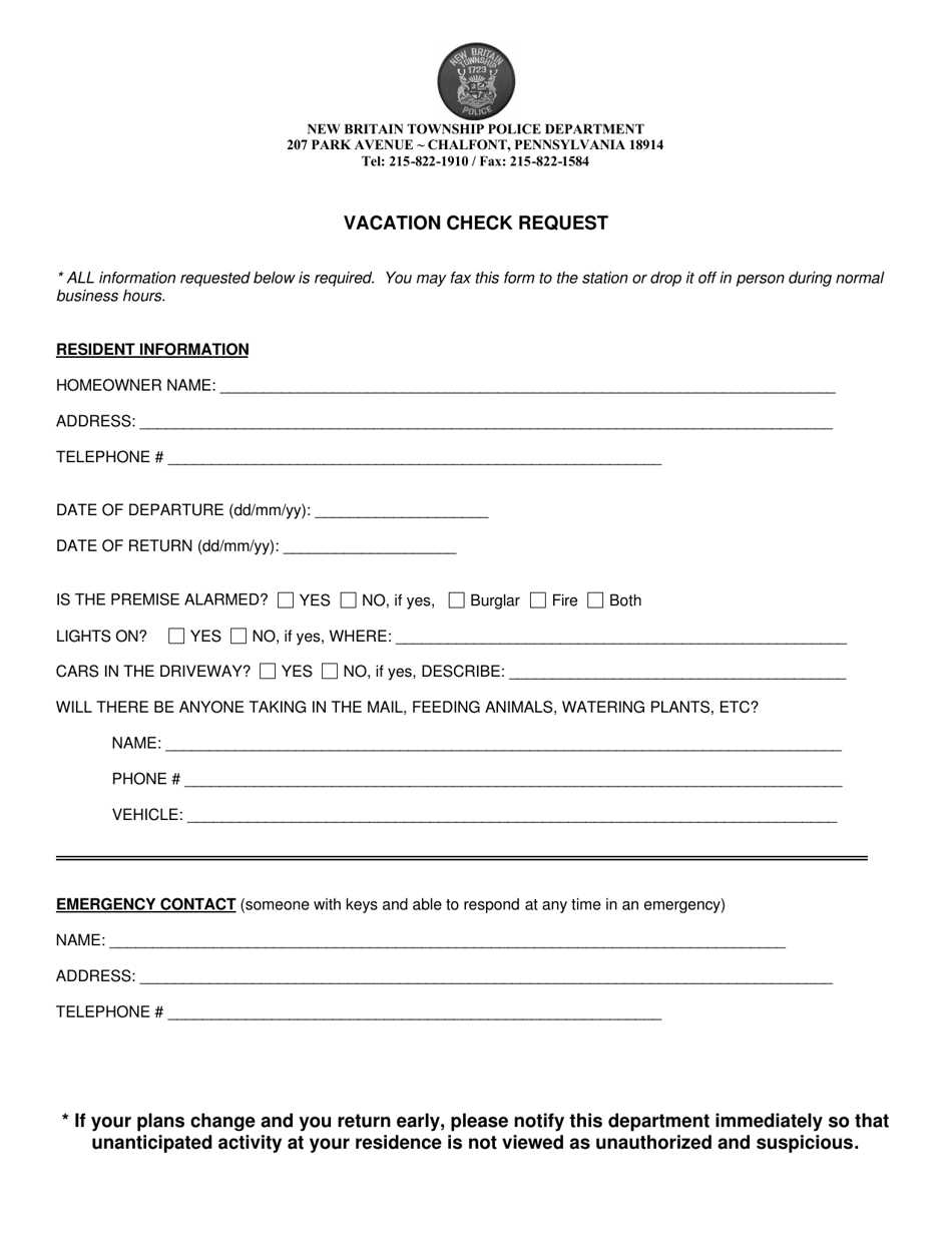 Vacation Check Request - New Britain Township, Pennsylvania, Page 1