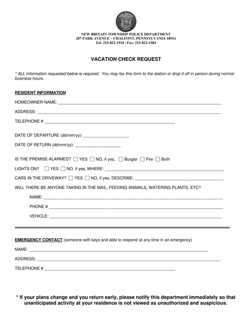 Vacation Check Request - New Britain Township, Pennsylvania Download Pdf