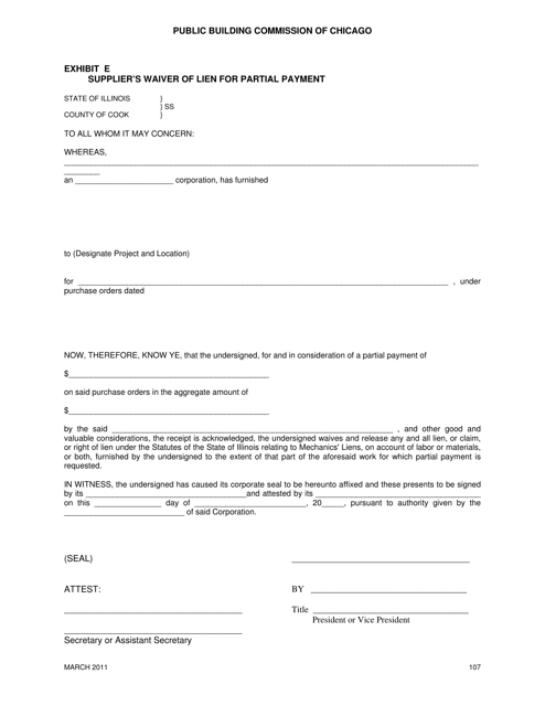 Exhibit E Supplier's Waiver of Lien for Partial Payment - City of Chicago, Illinois