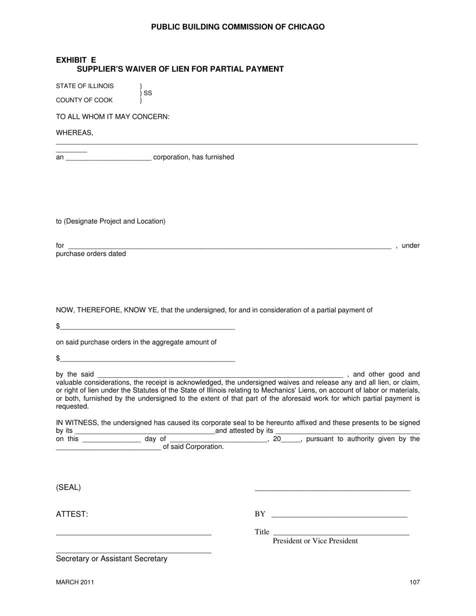 Exhibit E Suppliers Waiver of Lien for Partial Payment - City of Chicago, Illinois, Page 1