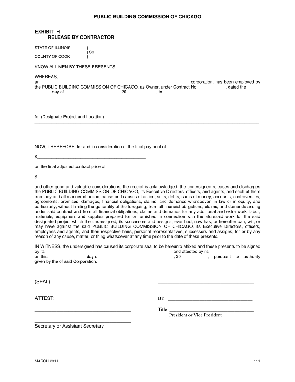 Exhibit H Release by Contractor - City of Chicago, Illinois, Page 1