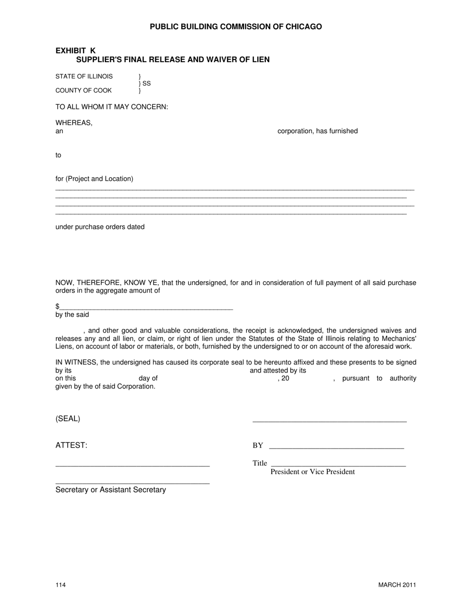 Exhibit K Suppliers Final Release and Waiver of Lien - City of Chicago, Illinois, Page 1