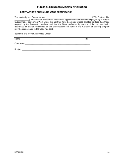 Contractor's Prevailing Wage Certification - City of Chicago, Illinois Download Pdf