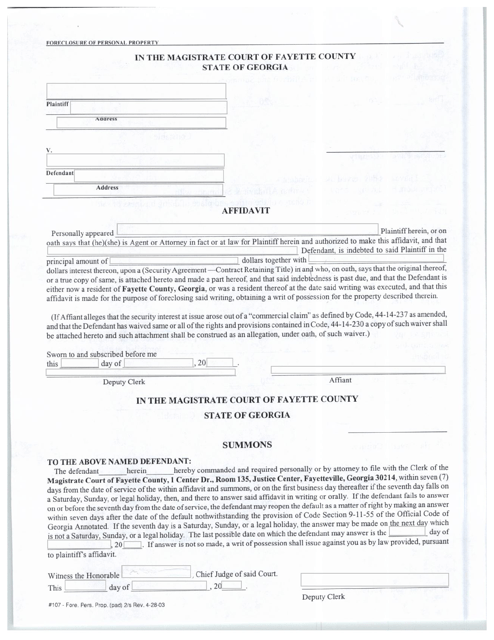 Affidavit for Foreclosure of Personal Property - Fayette County, Georgia (United States) Download Pdf