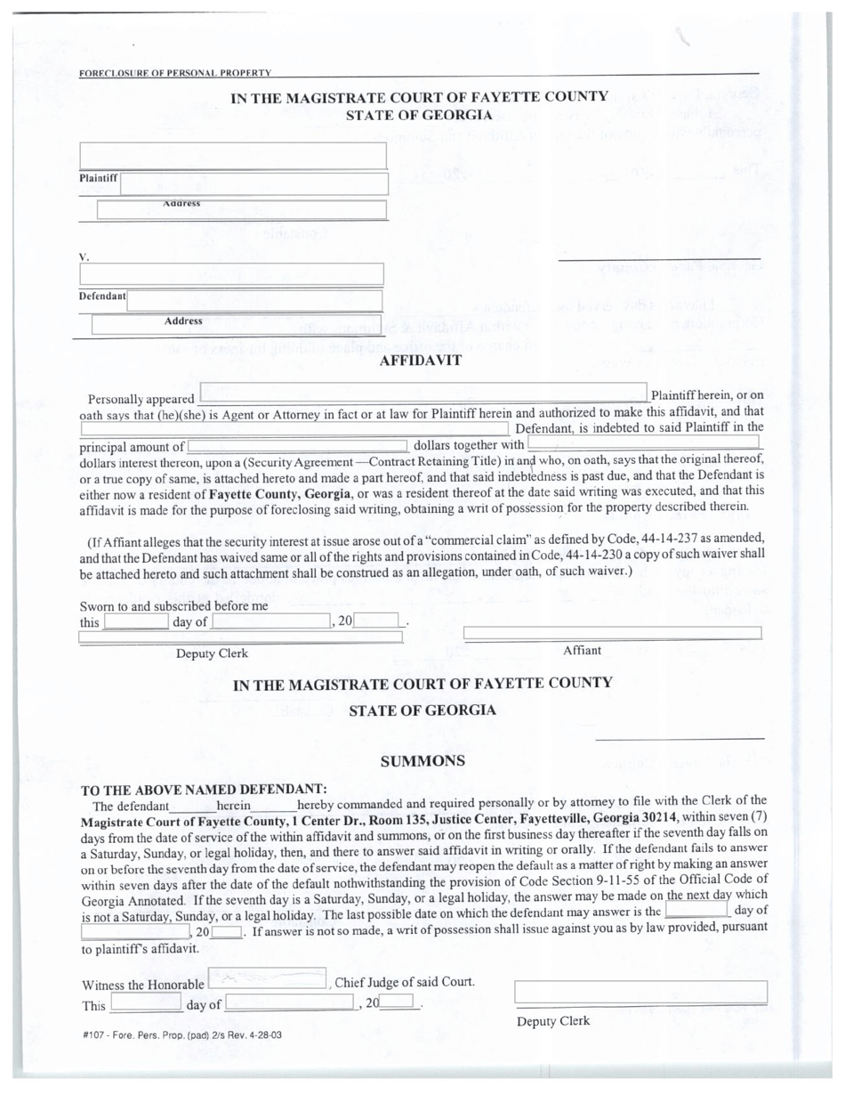 Affidavit for Foreclosure of Personal Property - Fayette County, Georgia (United States), Page 1