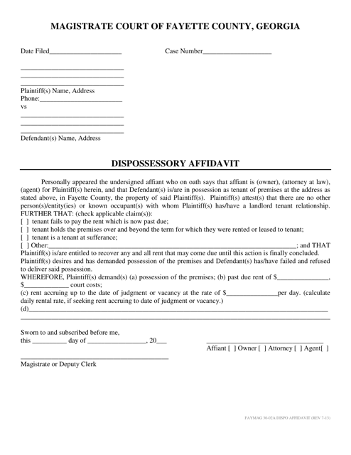 Form FAYMAG30-02A Dispossessory Affidavit - Fayette County, Georgia (United States)