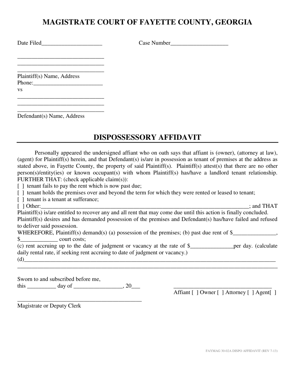 Form FAYMAG30-02A Dispossessory Affidavit - Fayette County, Georgia (United States), Page 1
