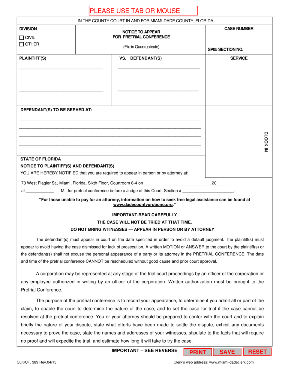 Form CLK / CT.389 Notice to Appear for Pretrial Conference - Miami-Dade County, Florida, Page 1