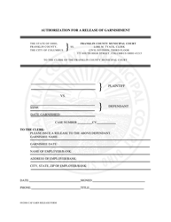 Authorization for a Release of Garnishment - Franklin County, Ohio