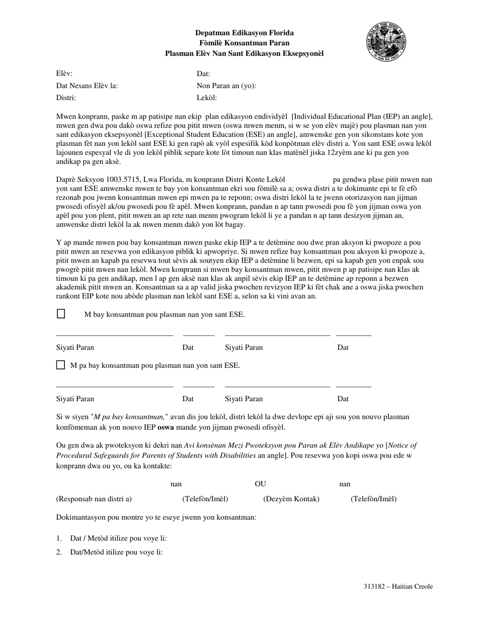Form 313182 Parental Consent Form - Student Placement in an Exceptional Education Center - Florida (Haitian Creole), Page 1