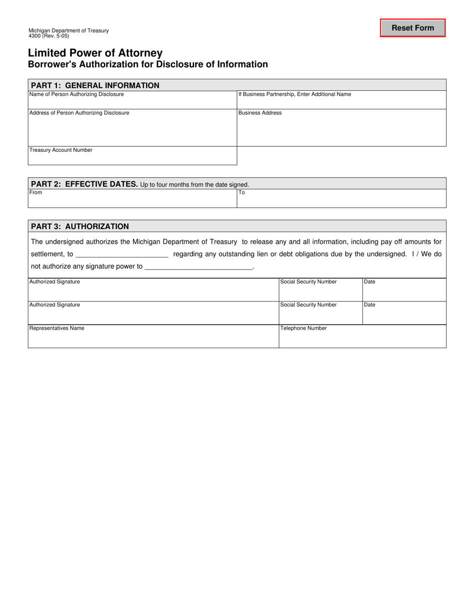 Form 4300 Limited Power of Attorney - Borrowers Authorization for Disclosure of Information - Michigan, Page 1