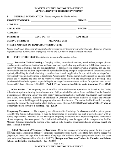 Application for Temporary Permit - Fayette County, Georgia (United States) Download Pdf