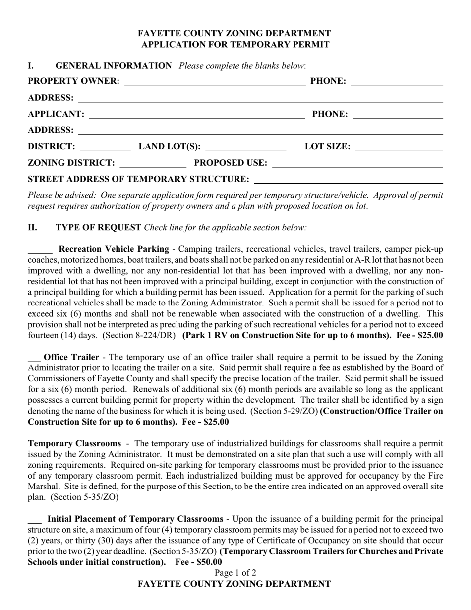 Application for Temporary Permit - Fayette County, Georgia (United States), Page 1