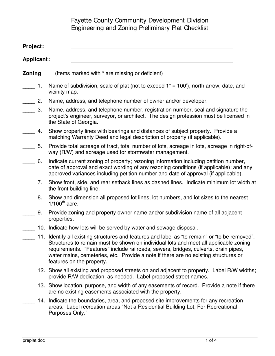 Engineering and Zoning Preliminary Plat Checklist - Fayette County, Georgia (United States), Page 1