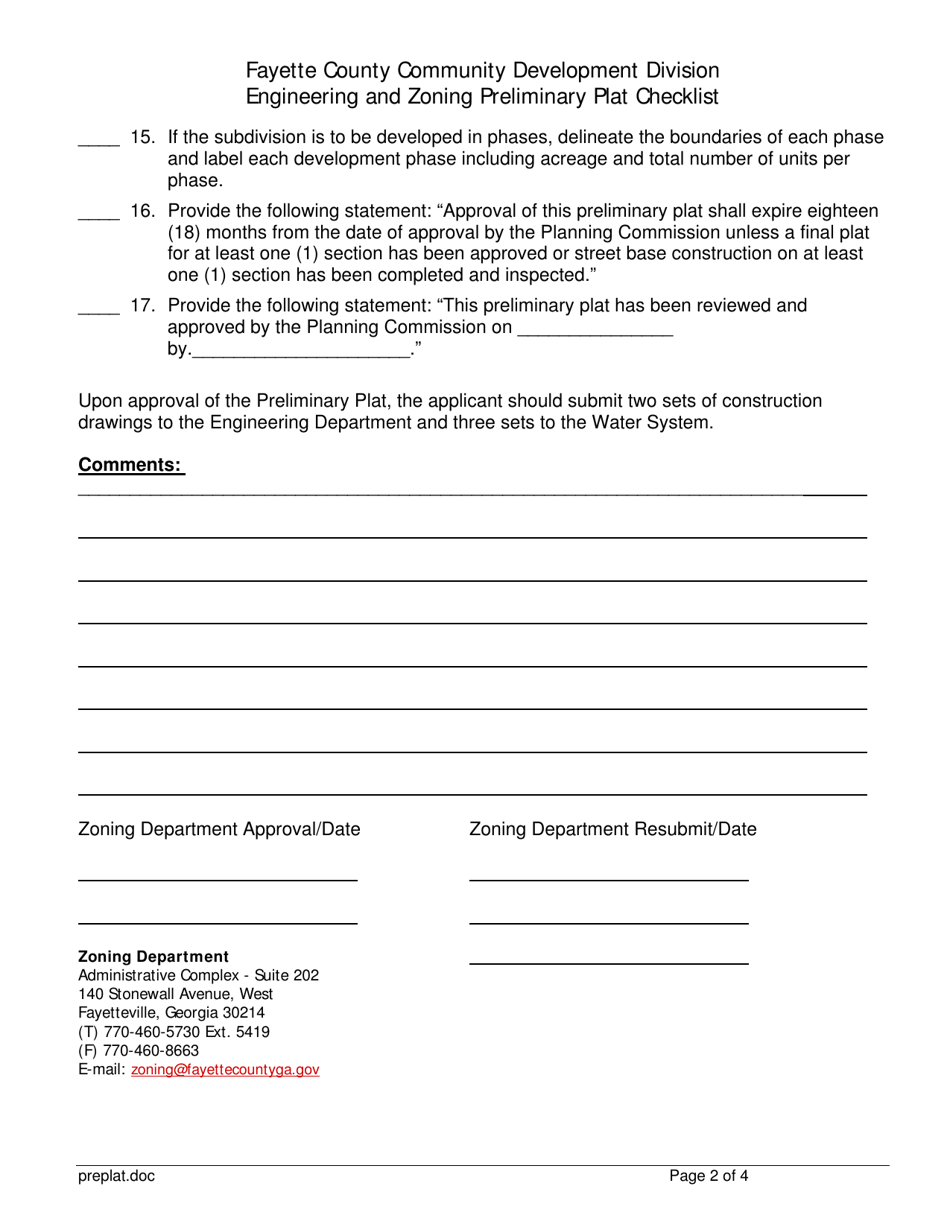 Engineering and Zoning Preliminary Plat Checklist - Fayette County, Georgia (United States), Page 2
