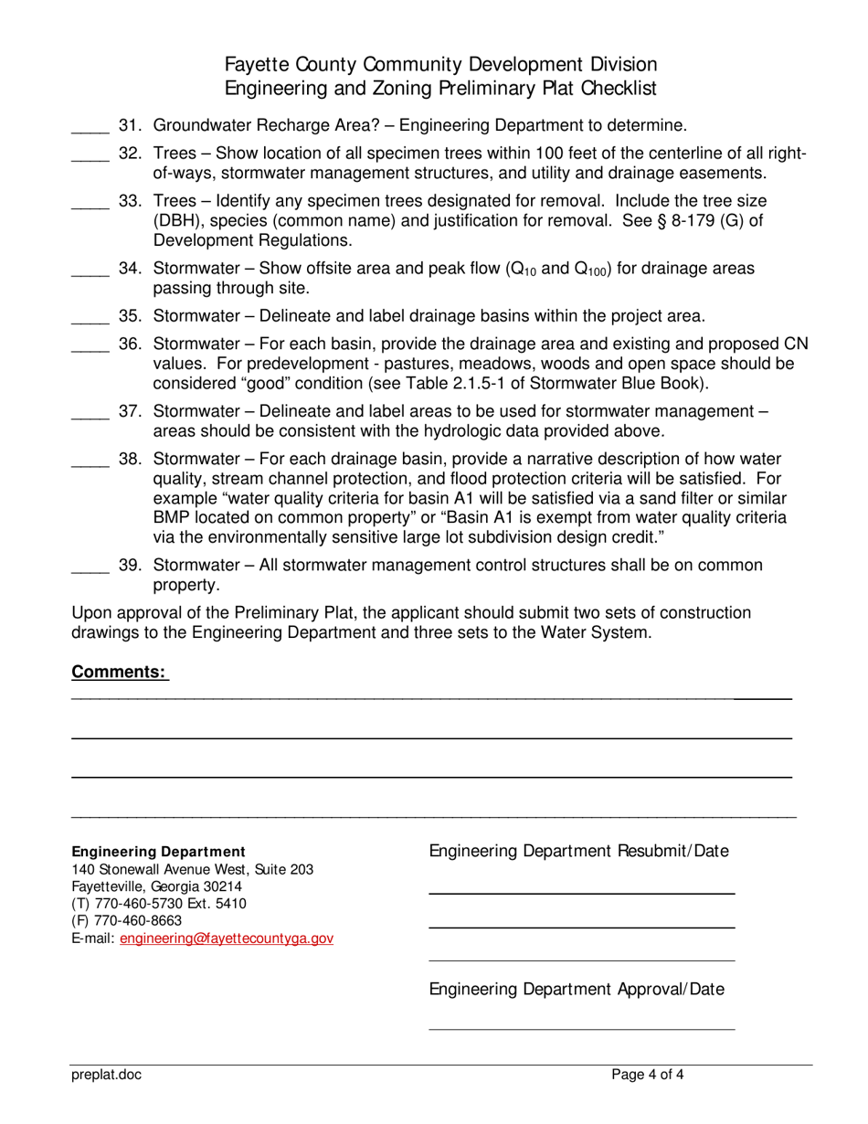 Engineering and Zoning Preliminary Plat Checklist - Fayette County, Georgia (United States), Page 4