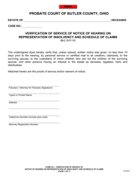 Document preview: Form 24.3 Verification of Service of Notice of Hearing on Representation of Insolvency and Schedule of Claims - Butler County, Ohio