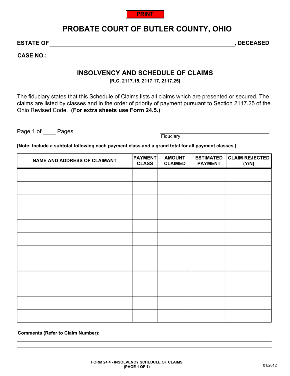 Form 24.4 Insolvency and Schedule of Claims - Butler County, Ohio, Page 1