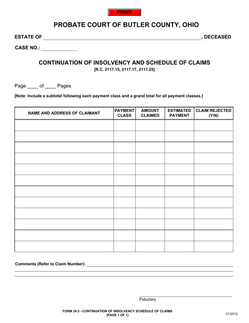 Form 24.5 Continuation of Insolvency and Schedule of Claims - Butler County, Ohio