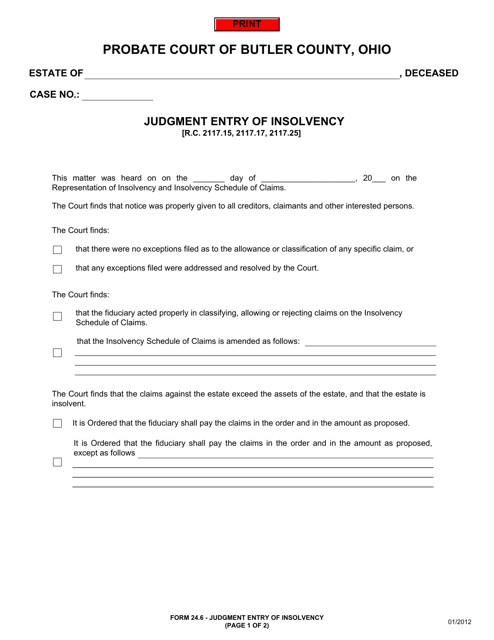 Form 24.6 Judgment Entry of Insolvency - Butler County, Ohio