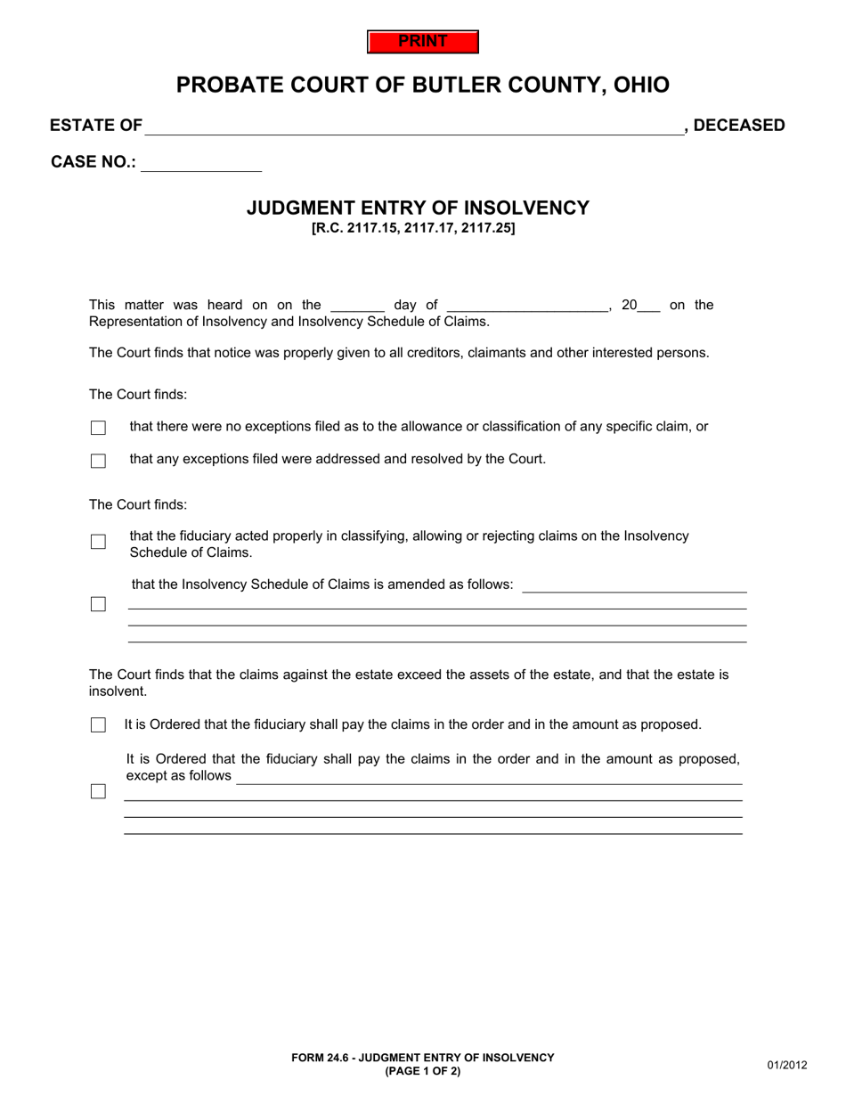 Form 24.6 Judgment Entry of Insolvency - Butler County, Ohio, Page 1