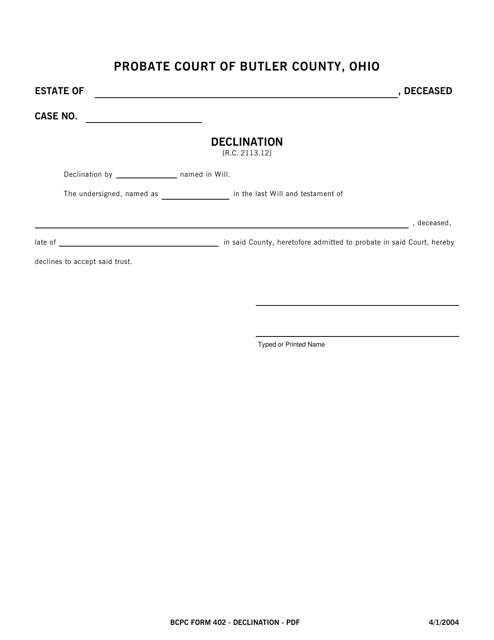 BCPC Form 402  Printable Pdf