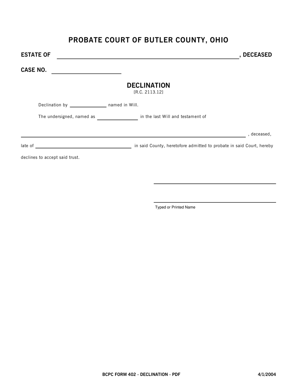 BCPC Form 402 Declination - Butler County, Ohio, Page 1