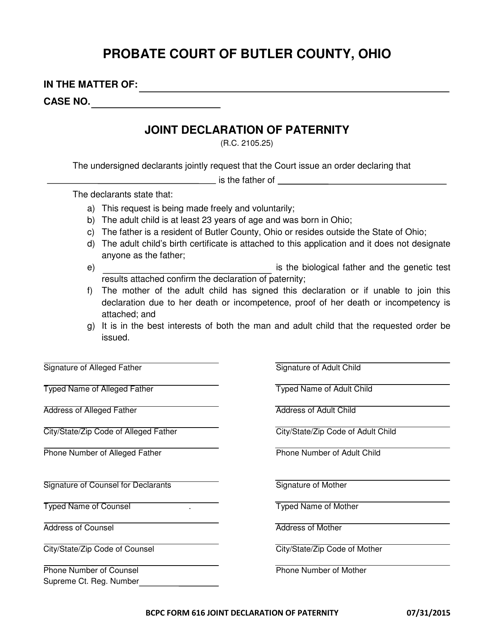 BCPC Form 616 Joint Declaration of Paternity - Butler County, Ohio