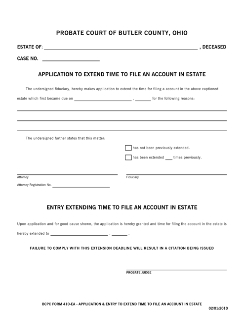 BCPC Form 410-EA Application & Entry to Extend Time to File an Account in Estate - Butler County, Ohio
