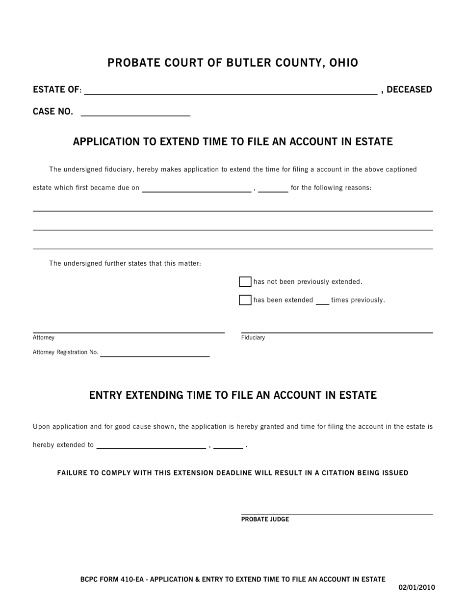 BCPC Form 410-EA Application  Entry to Extend Time to File an Account in Estate - Butler County, Ohio, Page 1