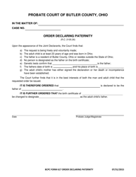 BCPC Form 617 Order Declaring Paternity - Butler County, Ohio